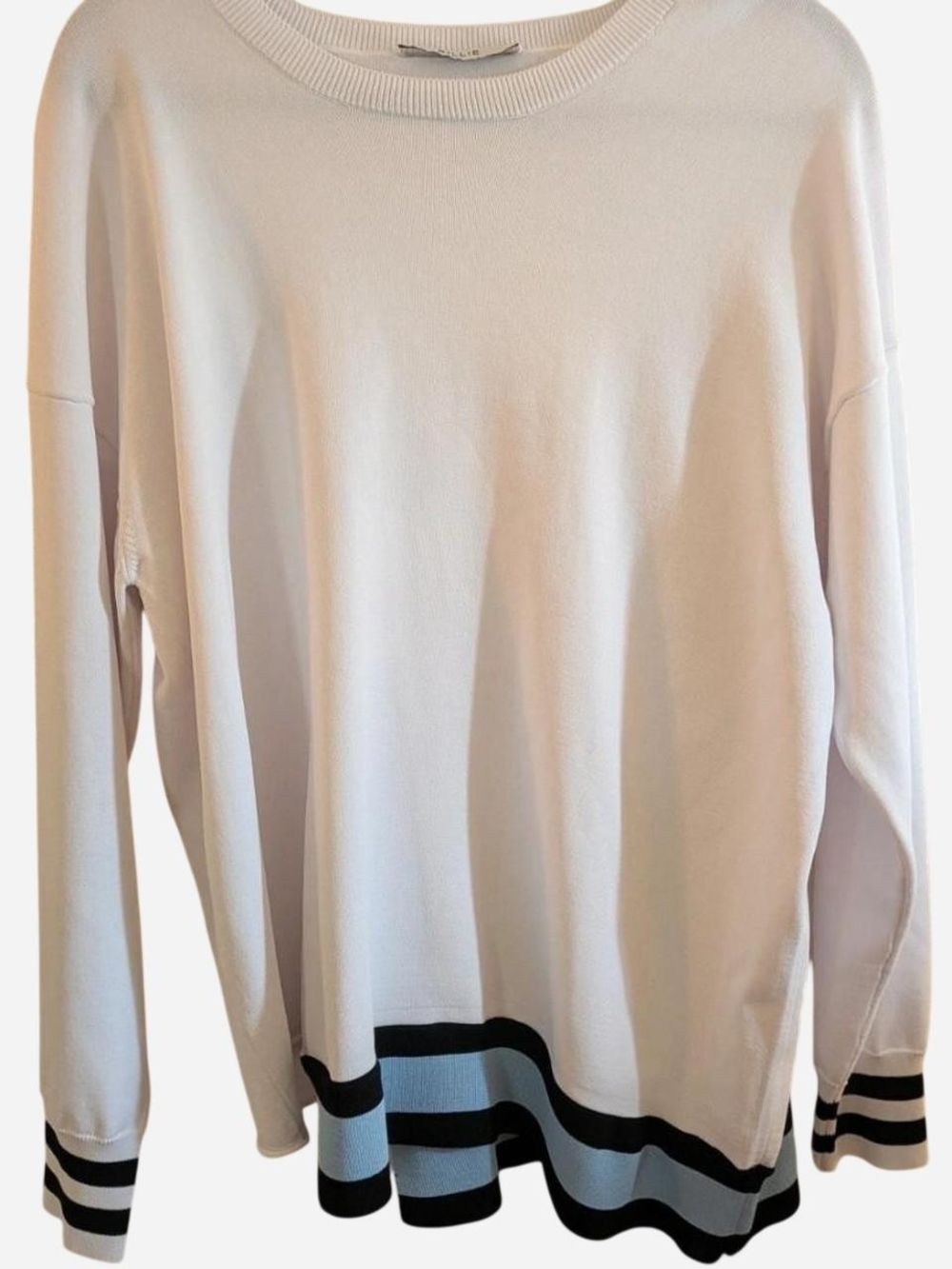 Women's Cream Knit Sweater with Black Stripe Hem and Cuffs